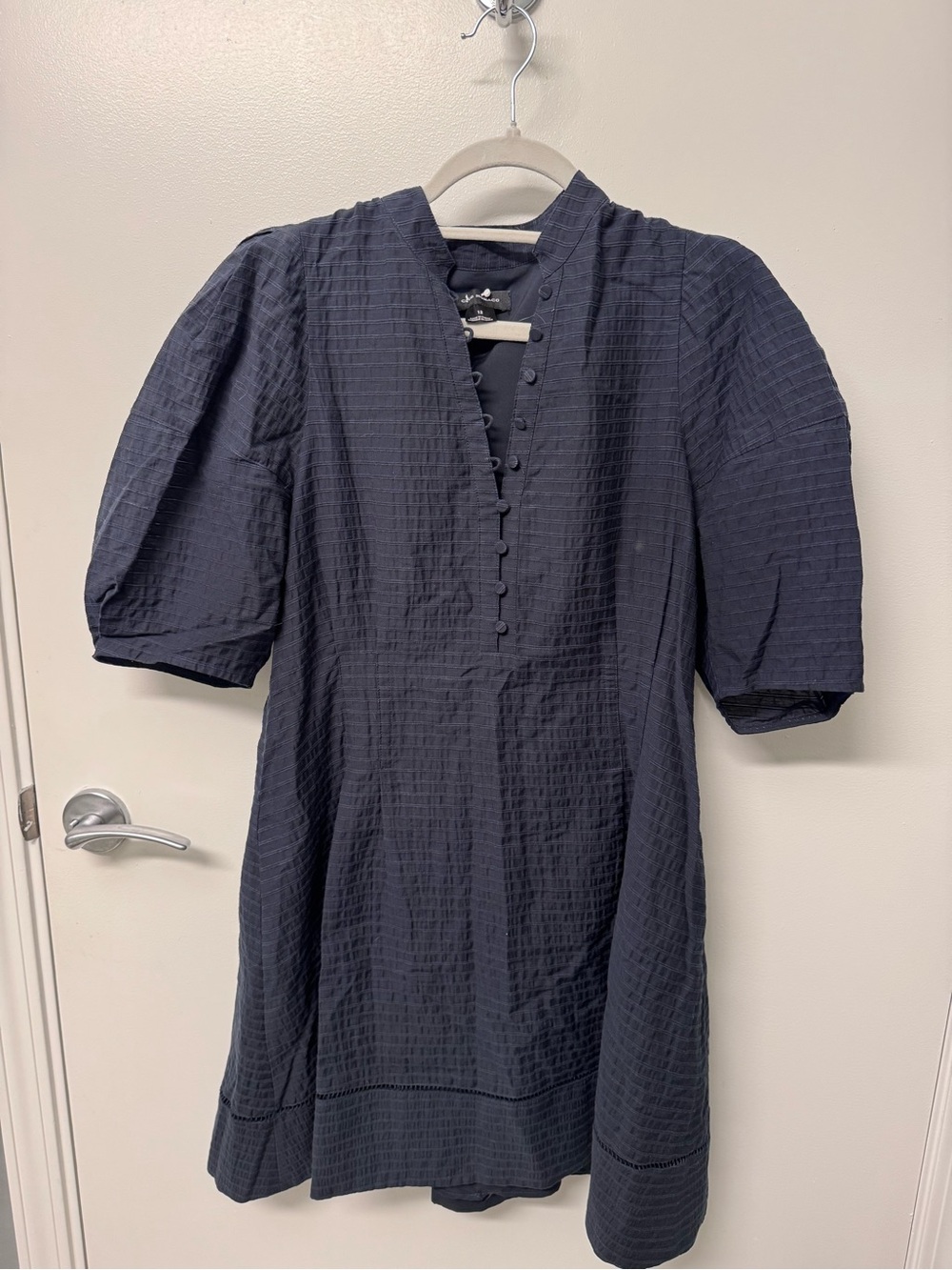 Club Monaco Balloon Sleeve Navy Textured Mini Dress - Picture 5 of 8